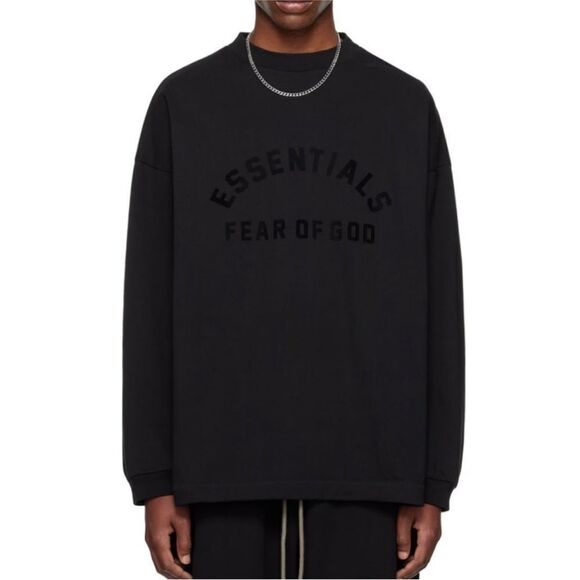FEAR OF GOD ESSENTIALS Cotton Crewneck Long Sleeve Shirt Oversized Black NWT - Picture 1 of 4